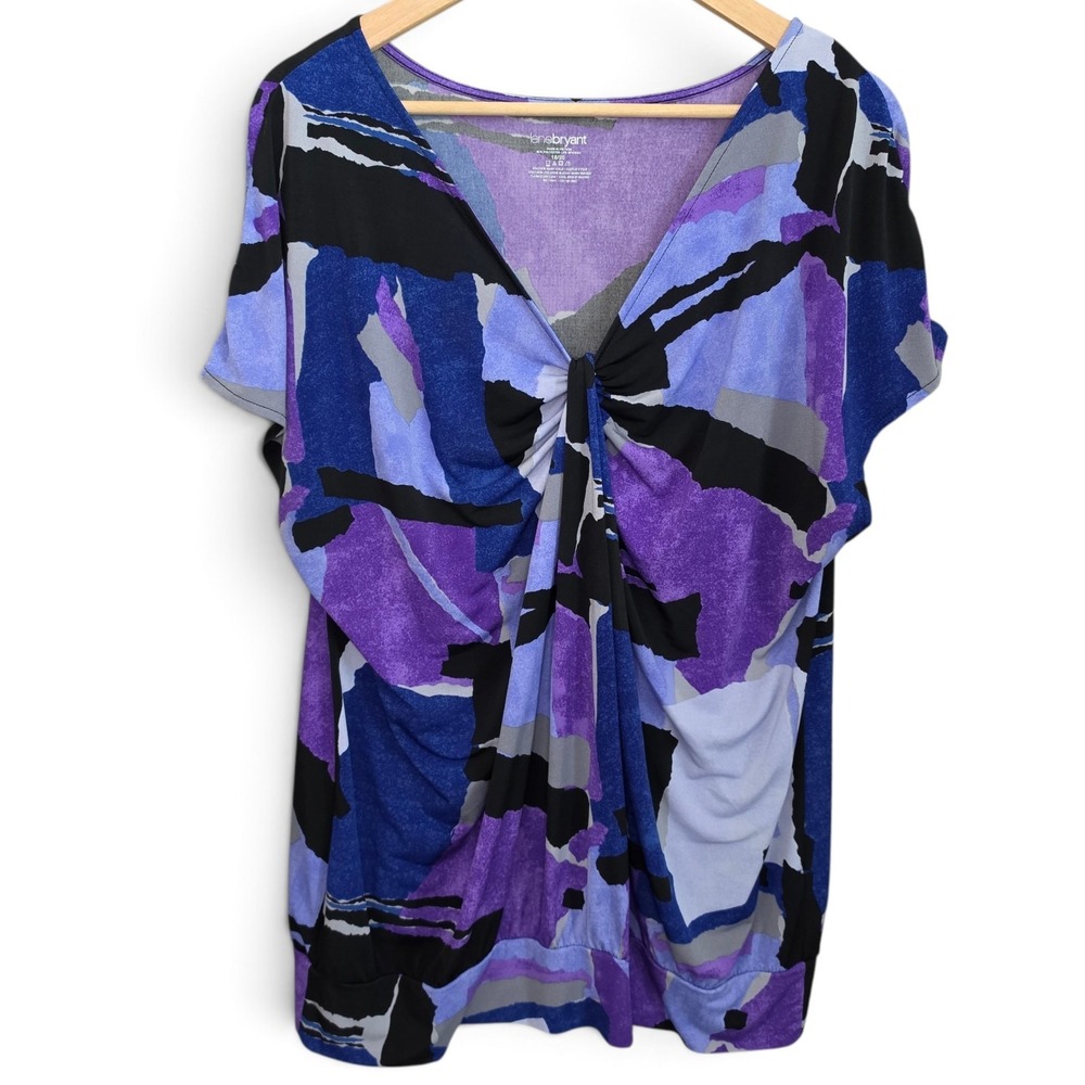 Lane Bryant Top Womens 18/20 Plus Purple Blue Abstract Twist Knot Front Blouse